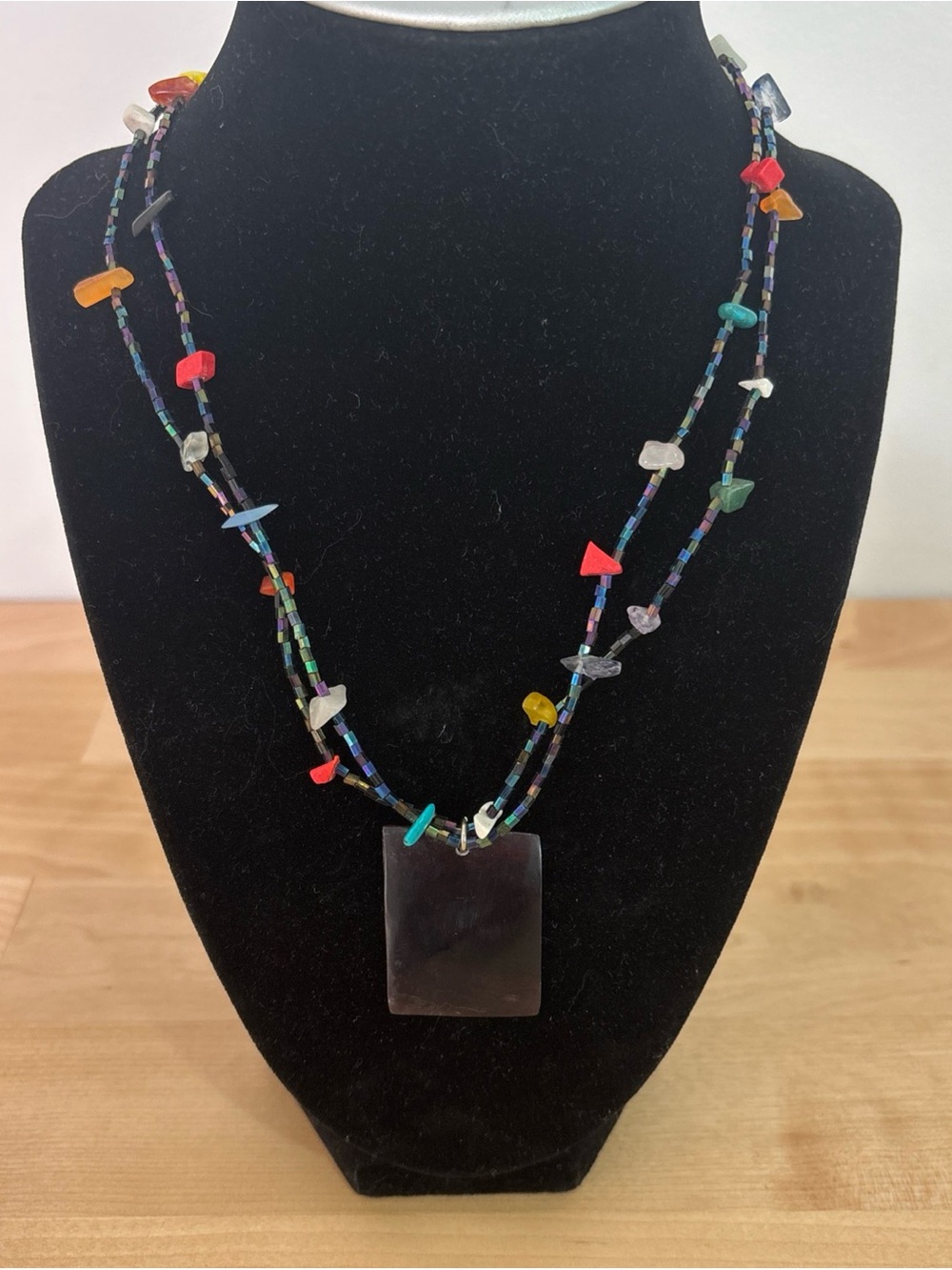 Handmade Multicolor Beaded Necklace with Rectangular Pendant